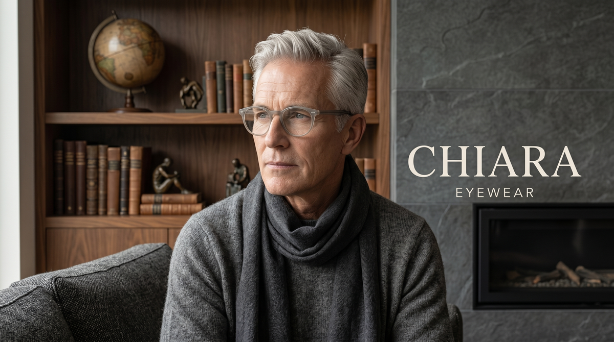 Man wearing glasses in a room with a bookshelf and fireplace, featuring the Chiara Eyewear logo.